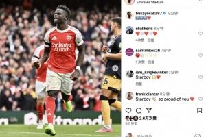 萨卡社媒晒照纪念自己里程碑之战：英超第200次出场♥️